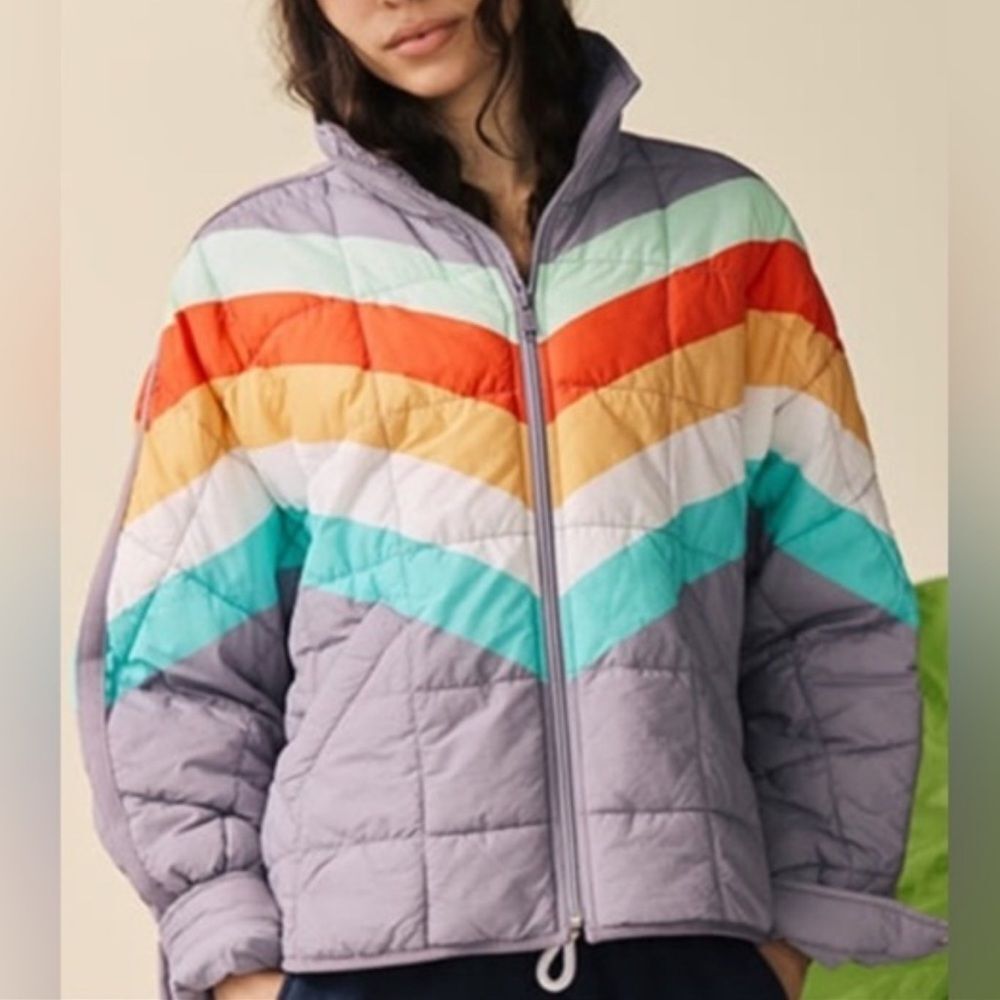 Free People Pippa striped Packable PufferJacket Steel Peach Combo